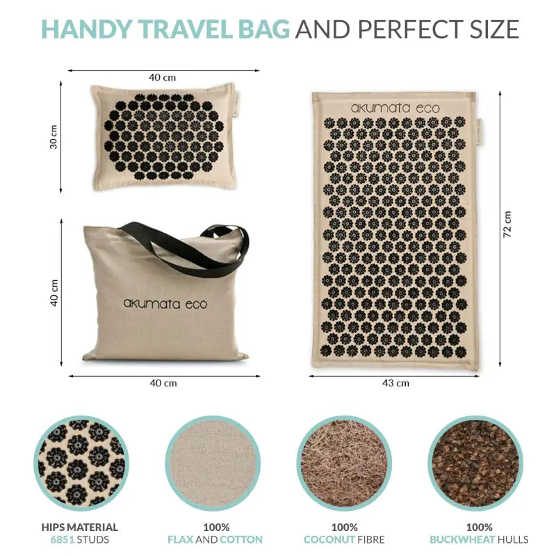 Black acupressure mat akumata with beige eco travel bag and tote