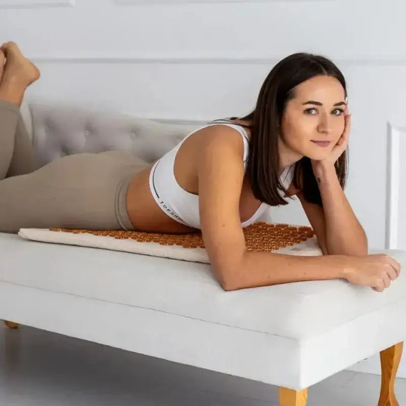 White bralette with thin straps on Brown Acupressure Mat | Akumata ECO product