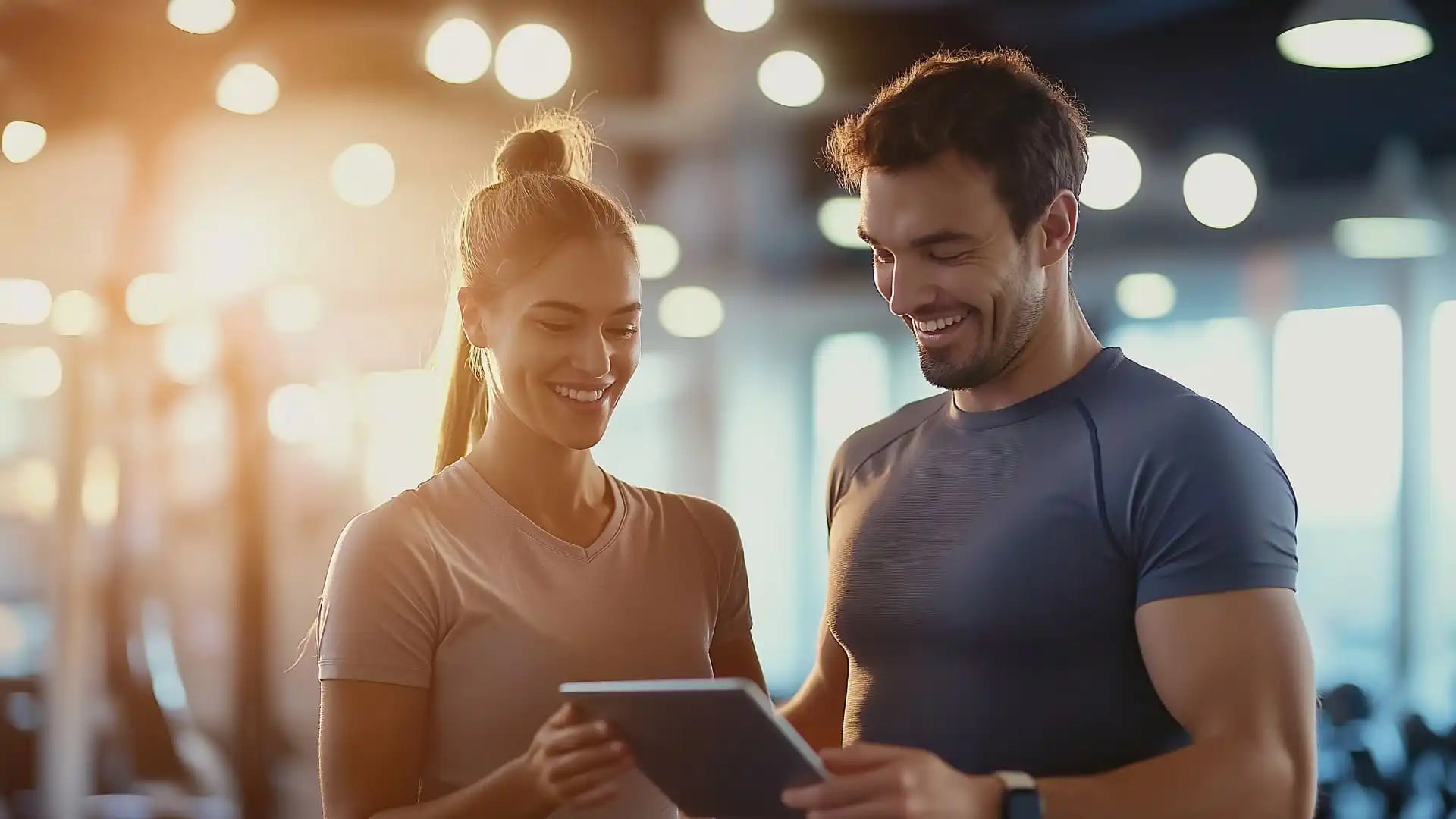 Smiling gym-goers looking at tablet.