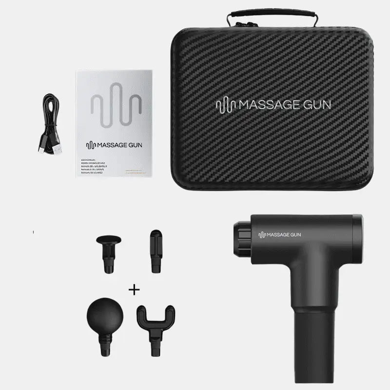 Black massage gun set for deep tissue massage, muscle recovery, and blood flow enhancement