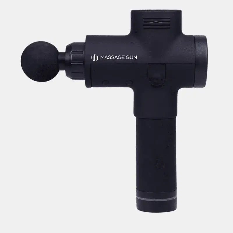 Black percussion massage gun for muscle recovery and soothing sore muscles