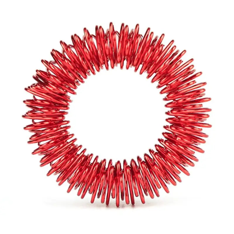 Red metallic acupressure ring with spiky protrusions, best for massage