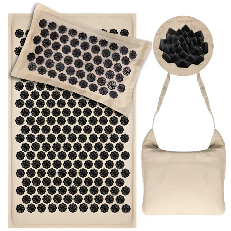 Best acupressure mat with beige canvas bag, black lotus points on pillow and mat