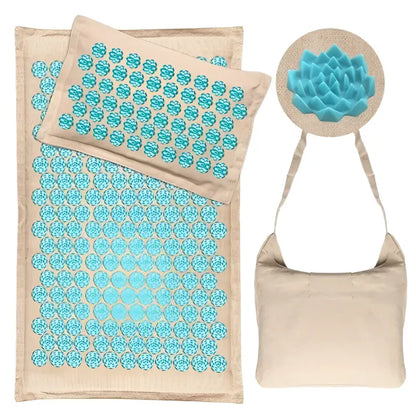Best acupressure mat with beige fabric, turquoise lotus points, and tote bag