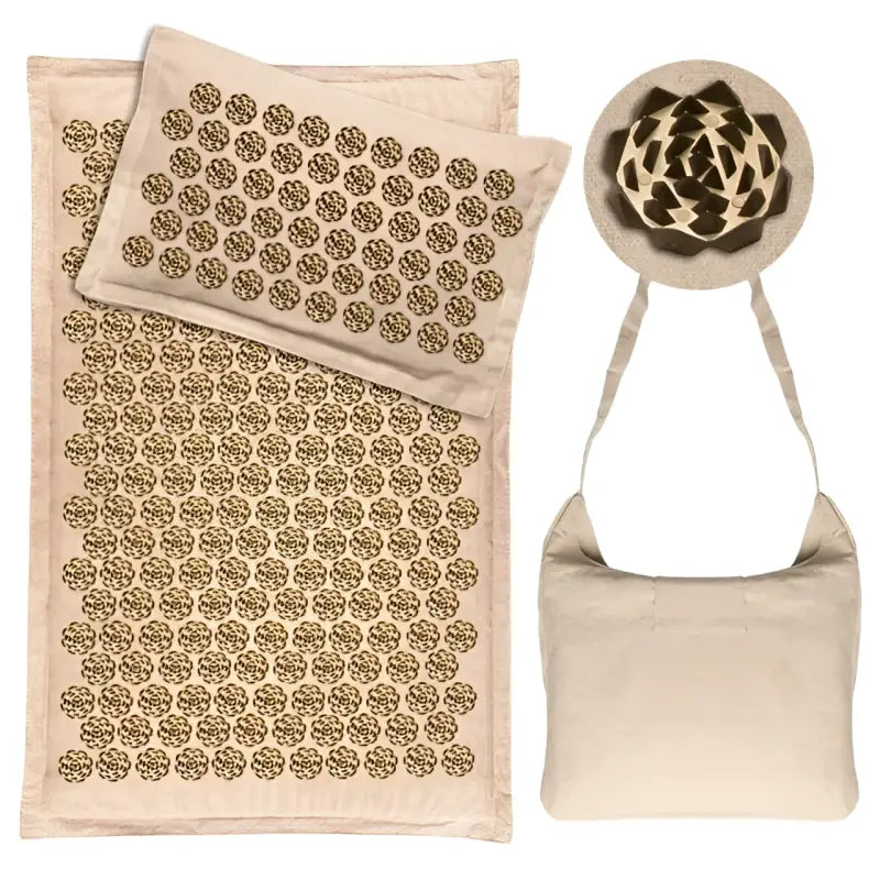 Best acupressure mat with beige mat, pillow, and golden-brown grid points