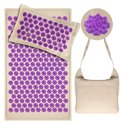 Best acupressure mat with beige fabric, pillow, and purple flower points