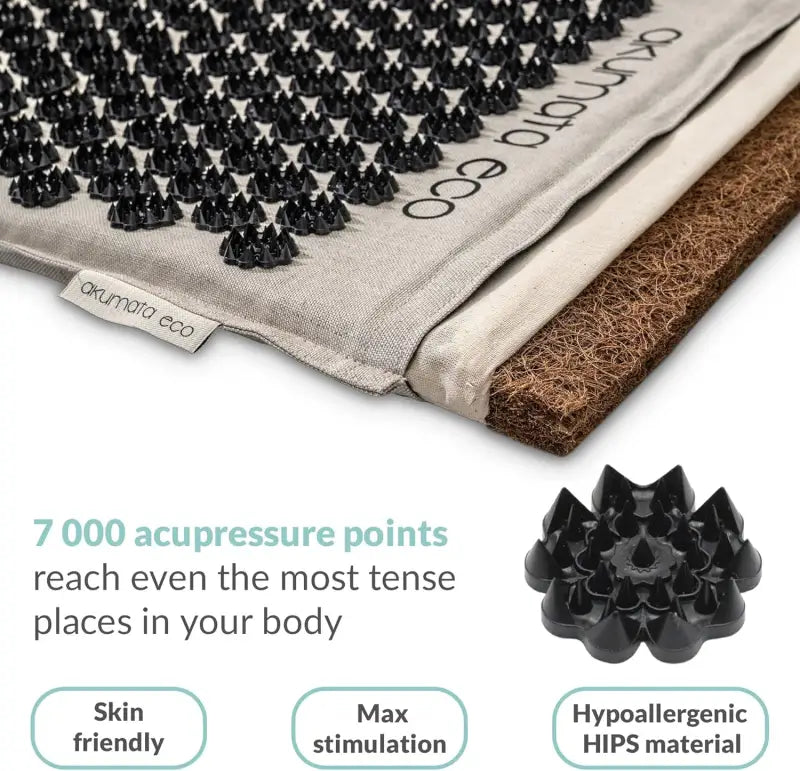 Black acupressure mat Akumata ECO with 7000 spike points on beige linen cover