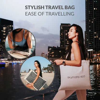 Black Akumata ECO Acupressure Mat with white canvas tote bag