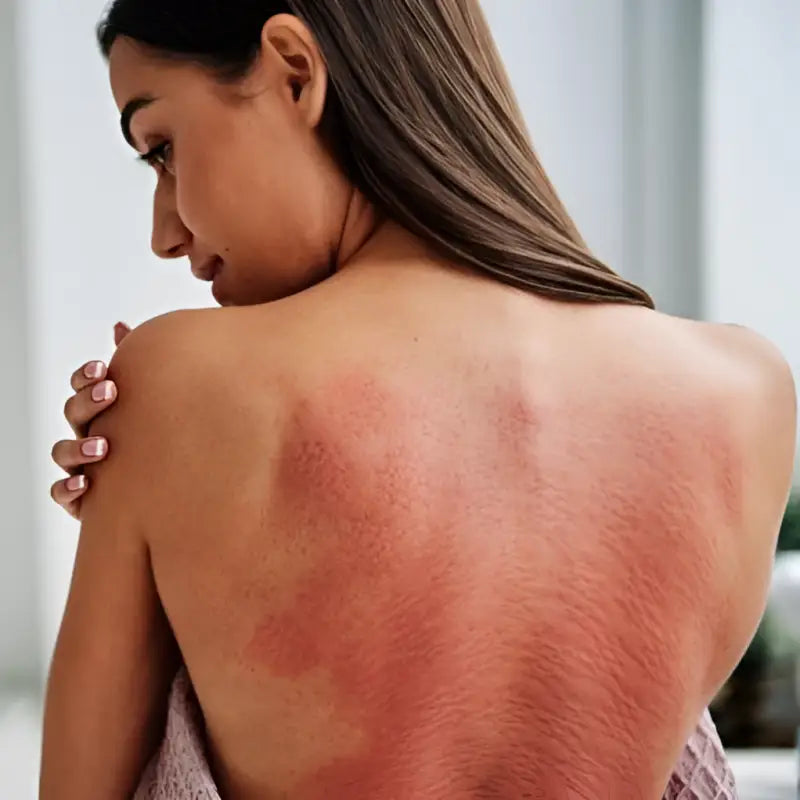 Sunburnt woman’s back relieved by black acupressure mat Akumata