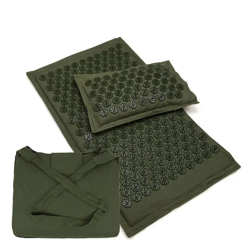 Fir Green Acupressure Mat with olive green fabric and black rose spikes