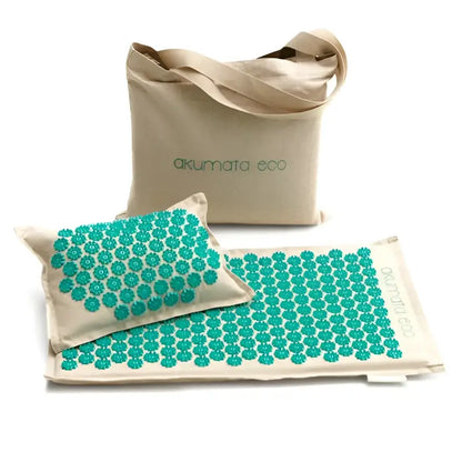 Green acupressure mat Akumata ECO set with beige mat, pillow, teal floral spikes